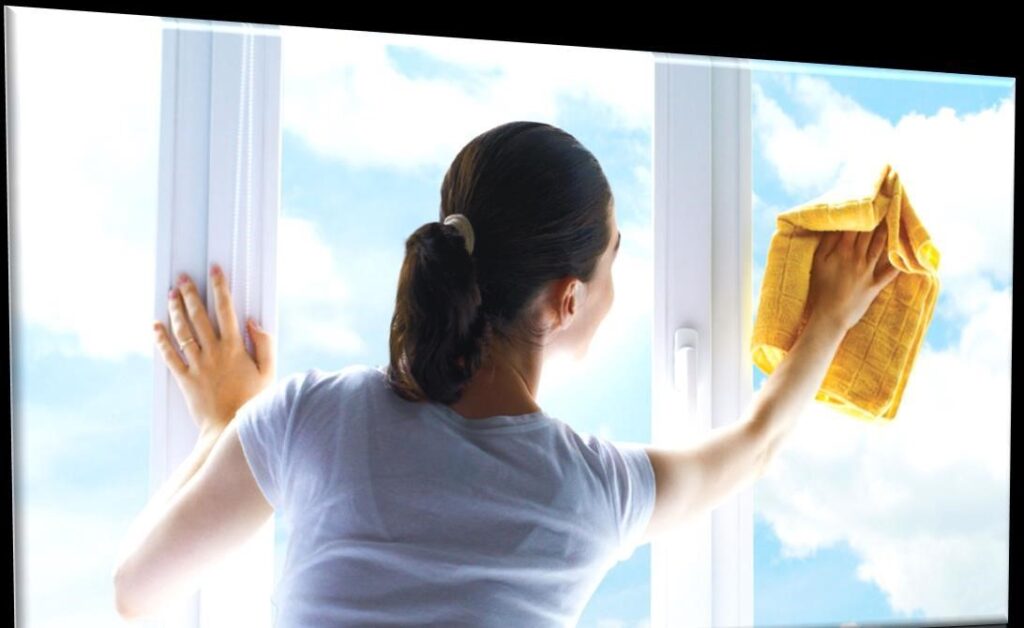 The girl washes the window